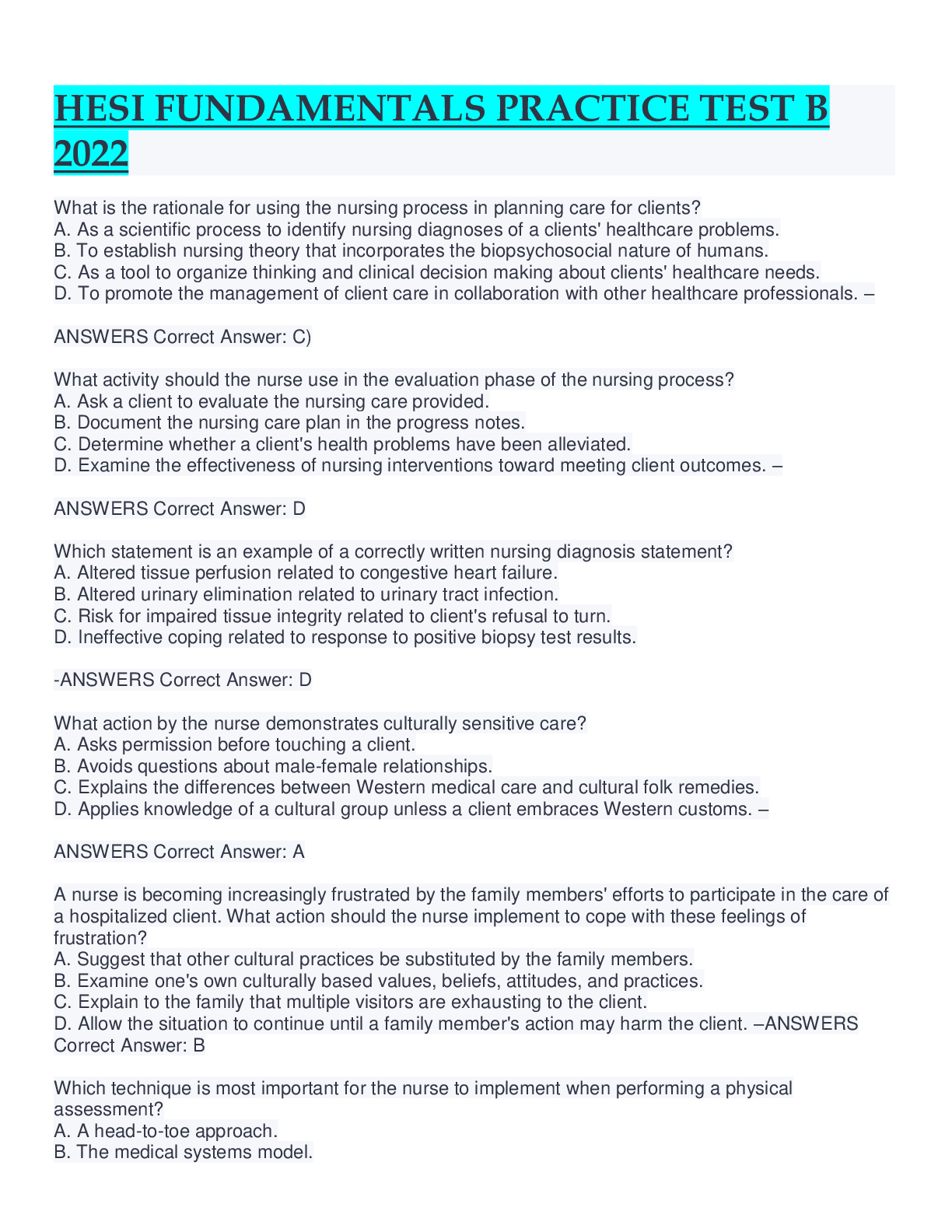 Preview image for HESI FUNDAMENTALS PRACTICE TEST B 2022 WITH COMPLETE SOLUTION GRADED A